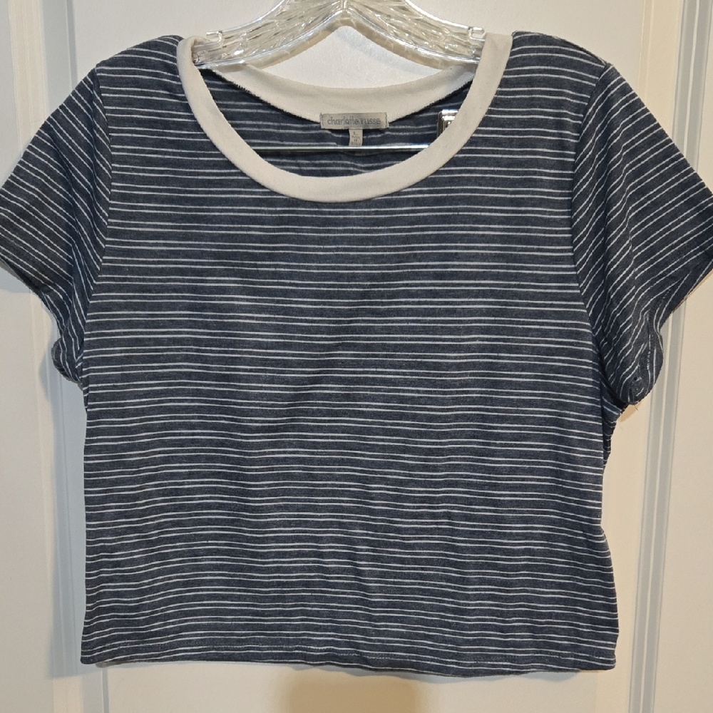 Charlotte Russe Heather Blue and White Striped Short Sleeve Tee